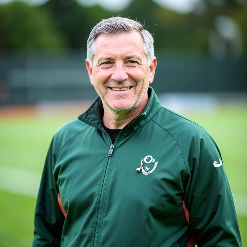 Dan Whitmore, Footlytic academy head coach, smiling in a green training jacket beside the pitch