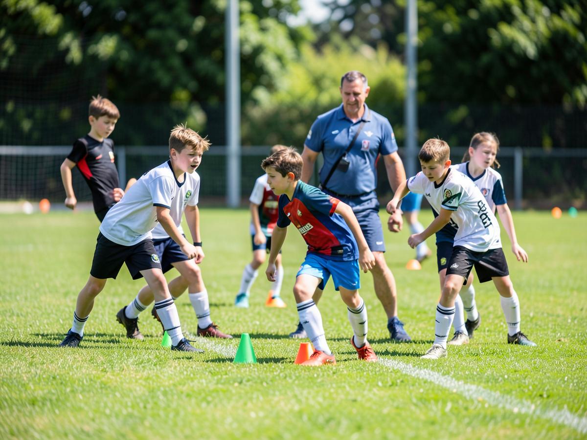 Small group of young players completing a cone dribbling drill with their coach